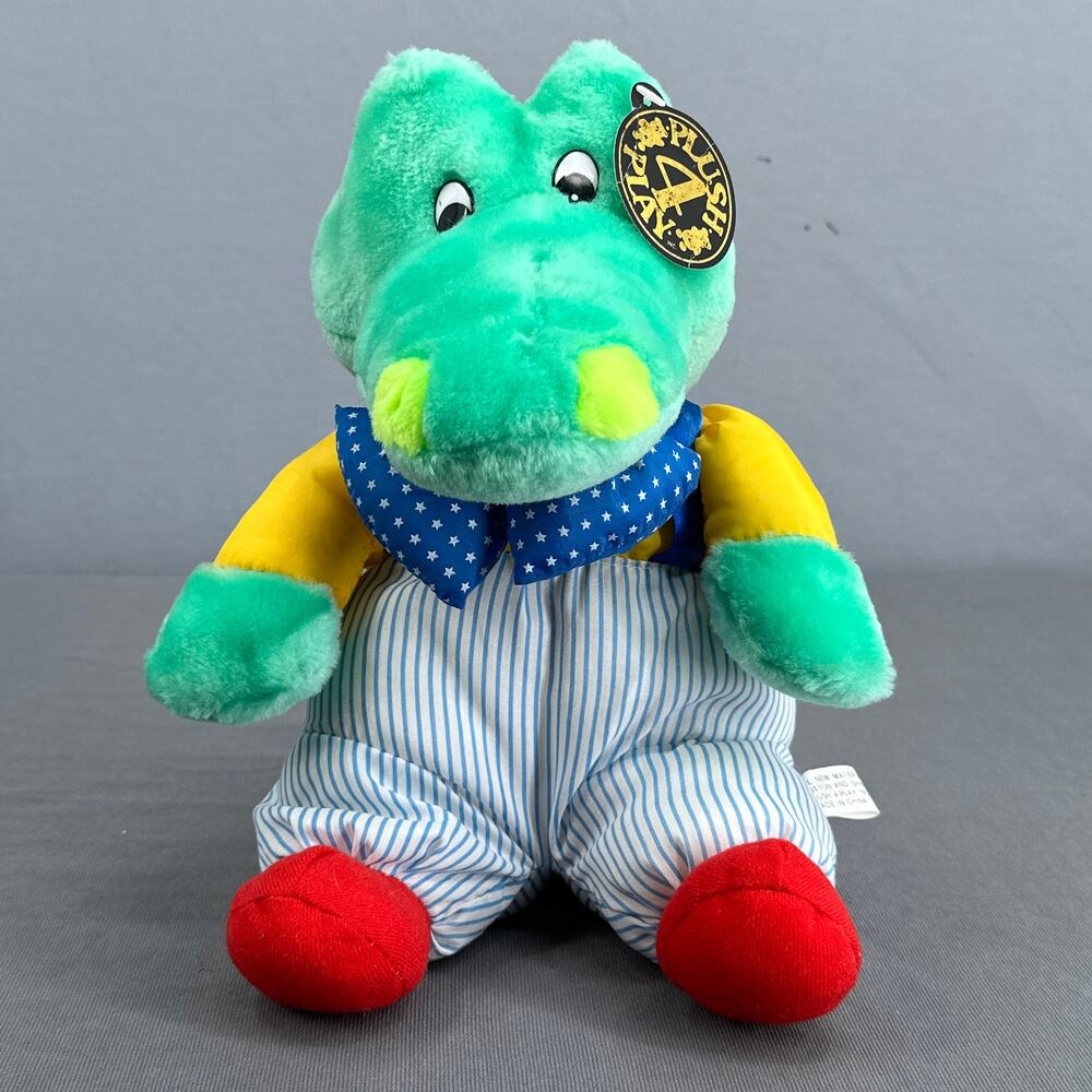 VTG 70s Alligator Crocodile Stuffed Animal 13" Green Blue Overalls Polka Dot Bow